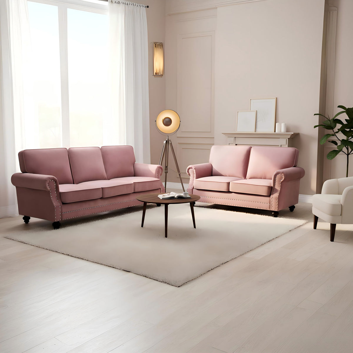 Loveseat Sofa With Nailhead Detail & Turned Legs, 2 Seater Upholstered Couch