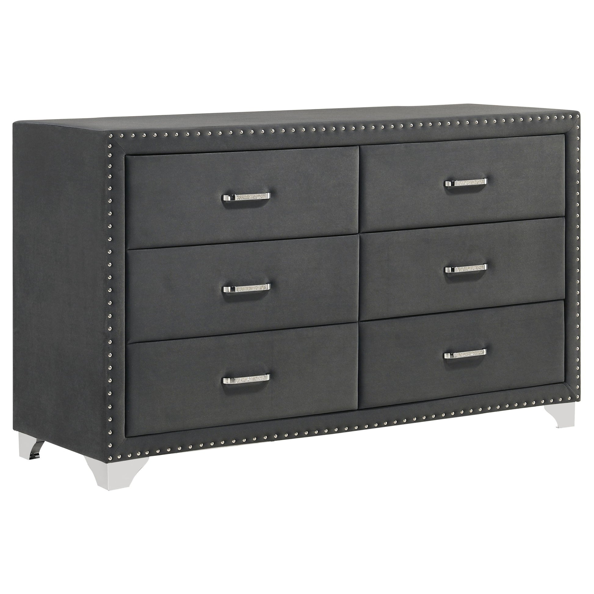 grey velvet dresser Rea Tall Dresser Chest, 5 Drawers With Crystal Knobs, Gray Velvet Upholstery