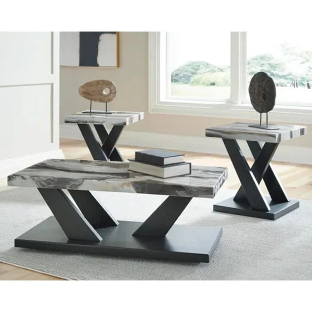 Cendill White Marble Contemporary 3-Piece Cocktail Table Set with Casters