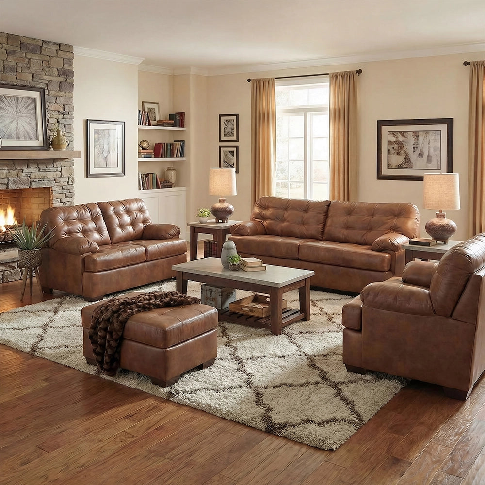 Chaps Brown Rustic Leather Sofa & Loveseat with Button Tufting
