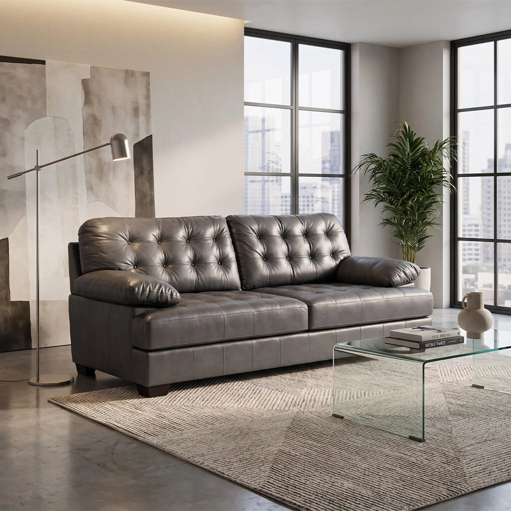 Chaps Grey Leather Sofa with Button Tufting