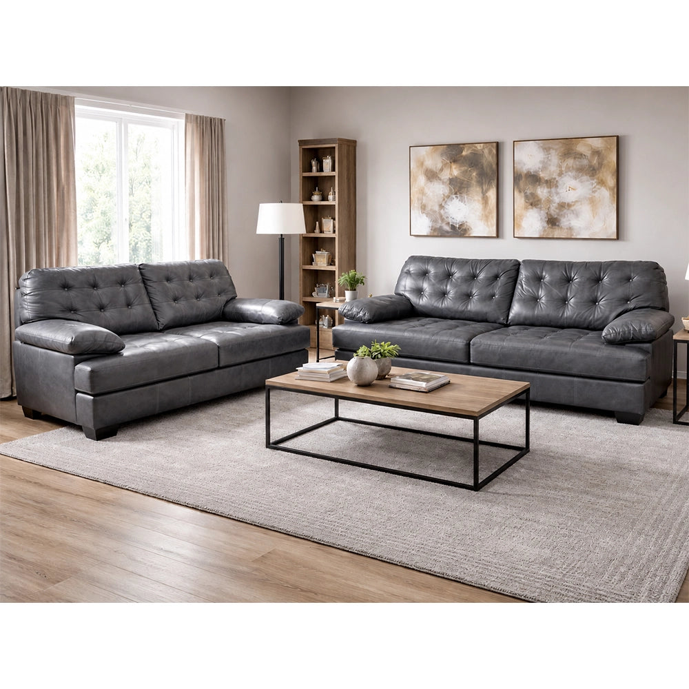 Chaps Grey Leather Sofa with Button Tufting