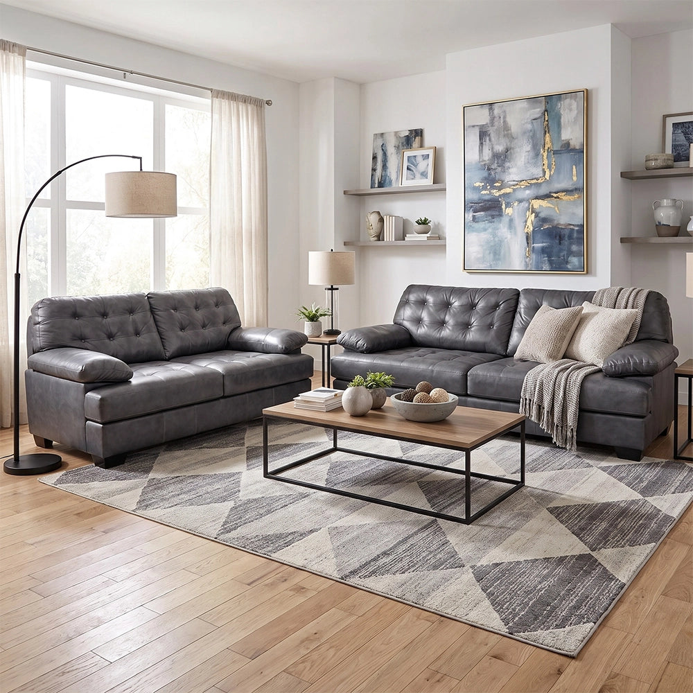 Chaps Grey Leather Loveseat with Button Tufting