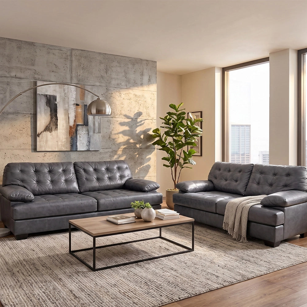 Chaps Grey Leather Loveseat with Button Tufting