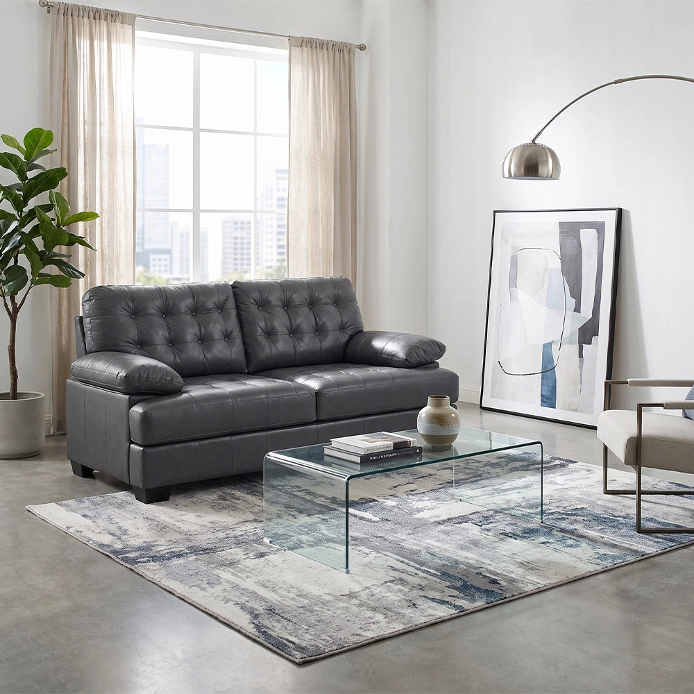 Chaps Grey Leather Loveseat with Button Tufting