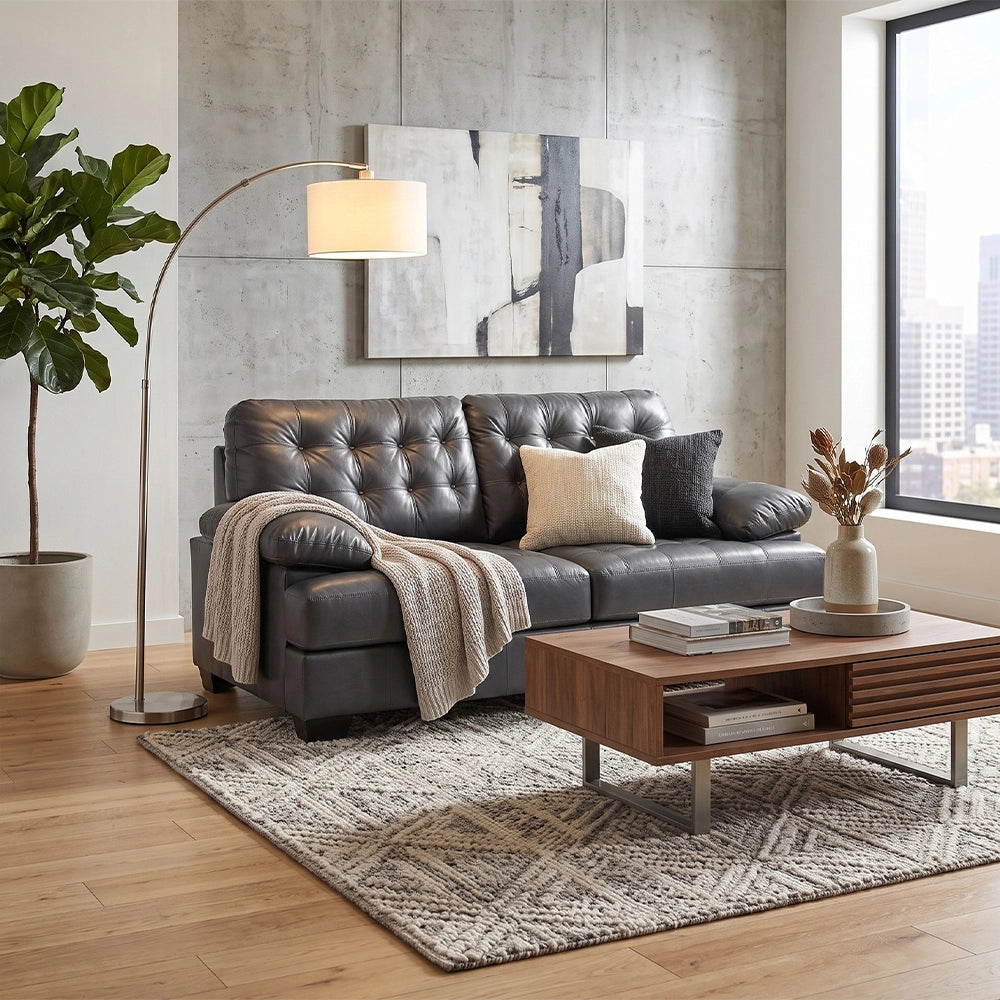 Chaps Grey Leather Loveseat with Button Tufting