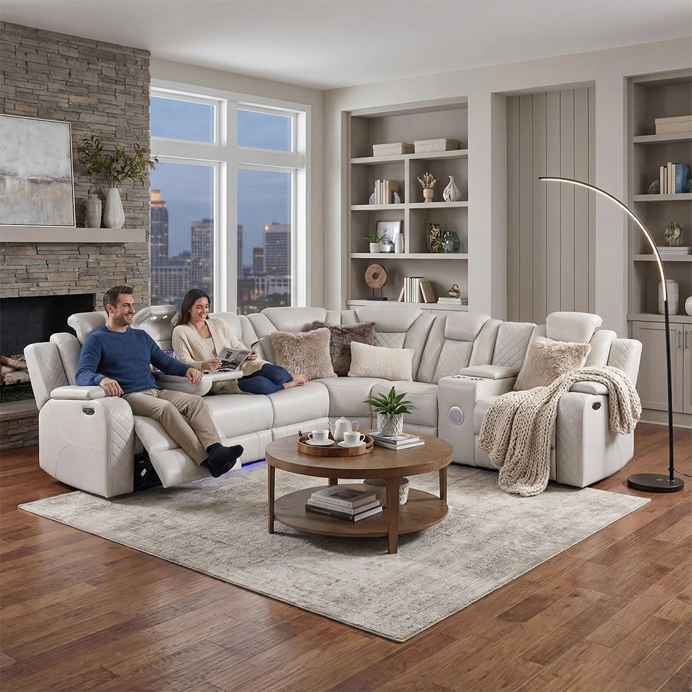 Cleo Black or Dove Contemporary 3PC Power Reclining Sectional with LED Lights Bluetooth Speakers and Cup Holders