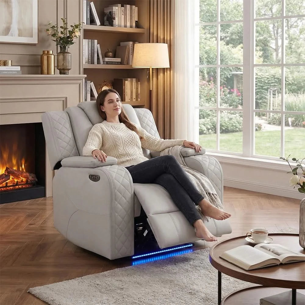 Cleo Black or Dove Contemporary Power Recliner with Power Headrest and LED Lighting