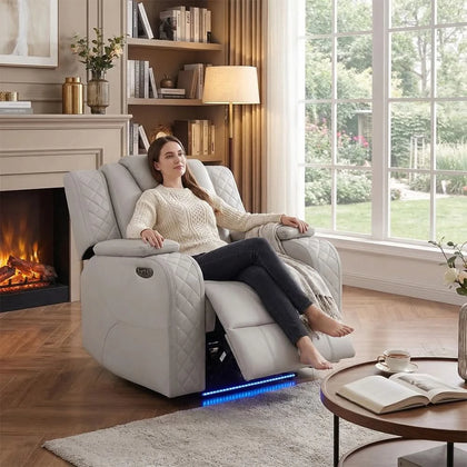 Cleo Black or Dove Contemporary Power Recliner with Power Headrest and LED Lighting