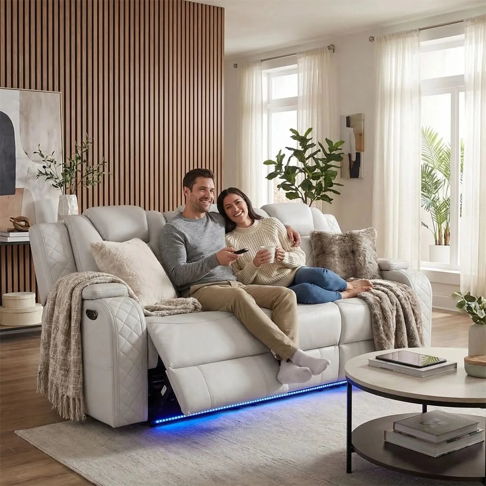 Cleo Black or Dove Contemporary Power Reclining Living Room Set with Power Headrests LED Lights and Bluetooth Speakers