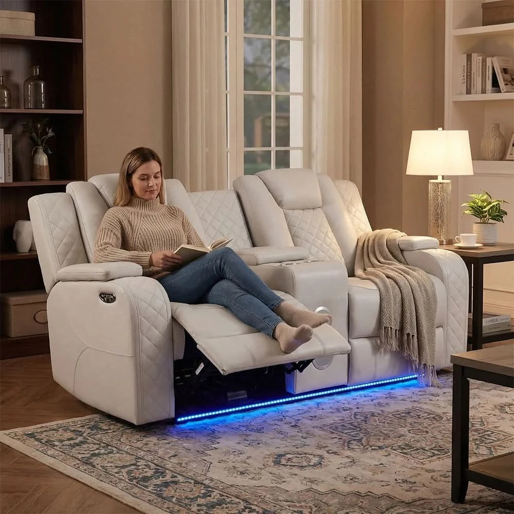 Cleo Black or Dove Contemporary Power Reclining Living Room Set with Power Headrests LED Lights and Bluetooth Speakers