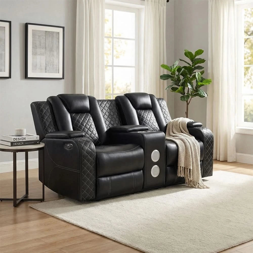Cleo Black or Dove Contemporary Power Reclining Living Room Set with Power Headrests LED Lights and Bluetooth Speakers