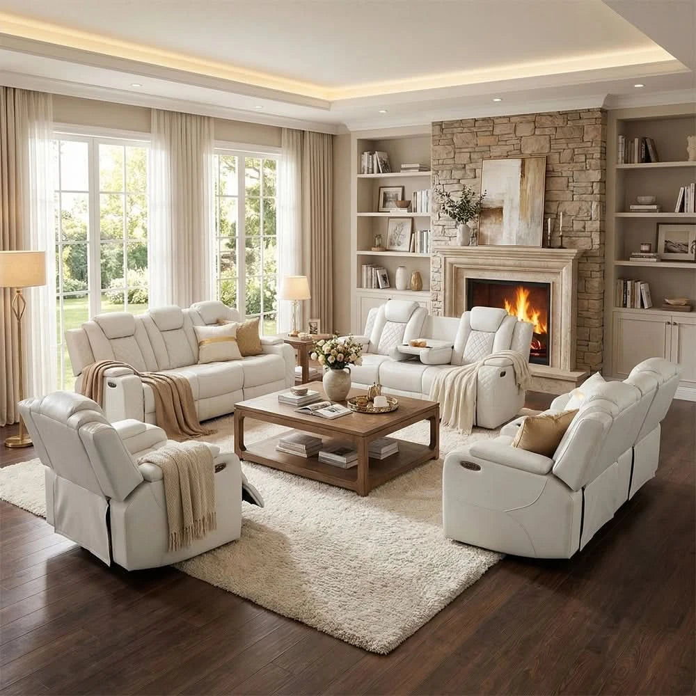 Cleo Black or Dove Contemporary Power Reclining Living Room Set with Power Headrests LED Lights and Bluetooth Speakers