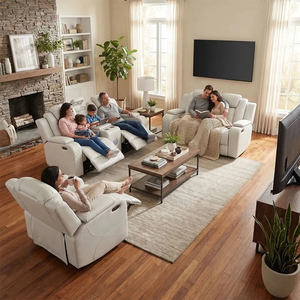 Cleo Black or Dove Contemporary Power Reclining Living Room Set with Power Headrests LED Lights and Bluetooth Speakers