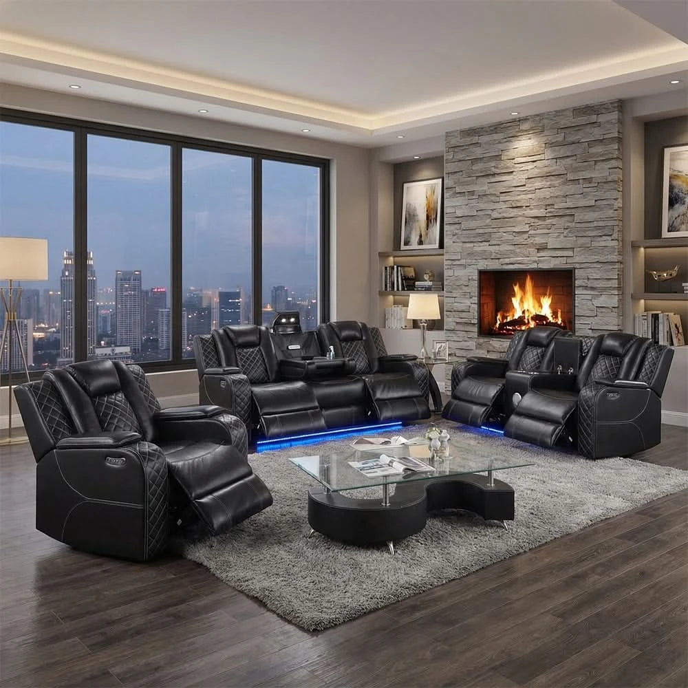 Cleo Black or Dove Contemporary Power Reclining Living Room Set with Power Headrests LED Lights and Bluetooth Speakers