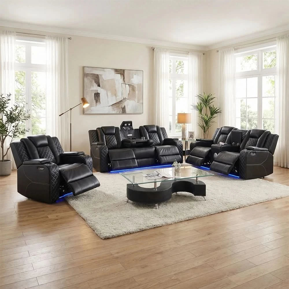 Cleo Black or Dove Contemporary Power Reclining Living Room Set with Power Headrests LED Lights and Bluetooth Speakers