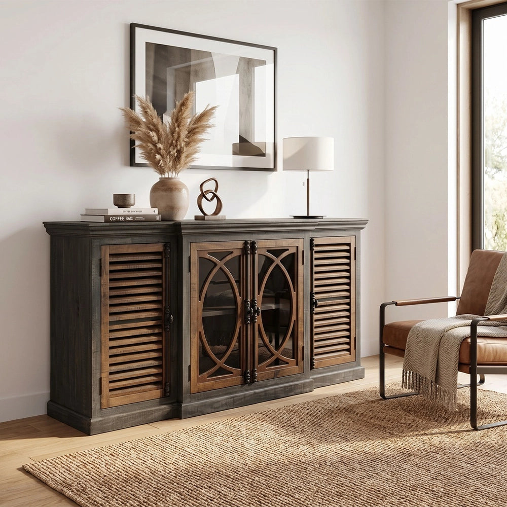 Two Tone Grey and Brown Oversized Console Cabinet with Shutter Doors