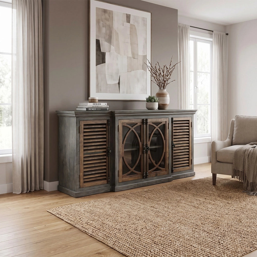 Two Tone Grey and Brown Oversized Console Cabinet with Shutter Doors