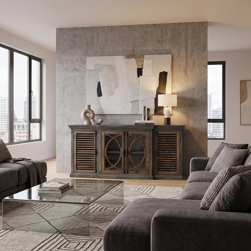 Two Tone Grey and Brown Oversized Console Cabinet with Shutter Doors