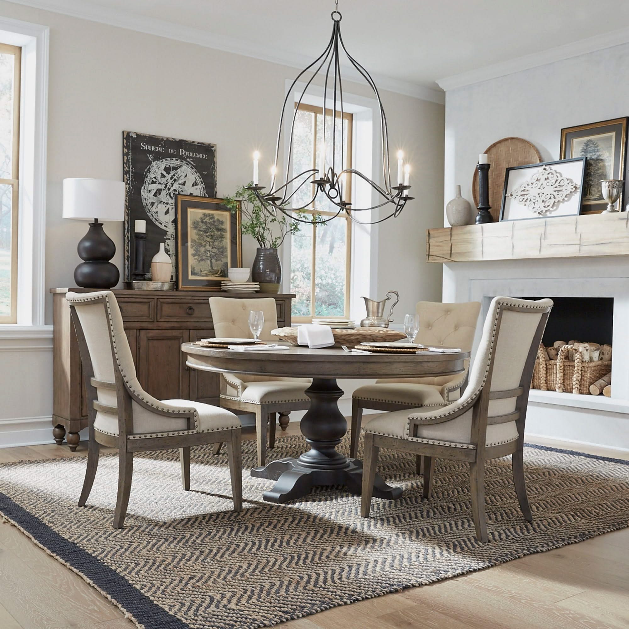 Americana Farmhouse - 5 Piece Pedestal Table Set (Upholstered Shelter Side Chairs) - Dusty Taupe