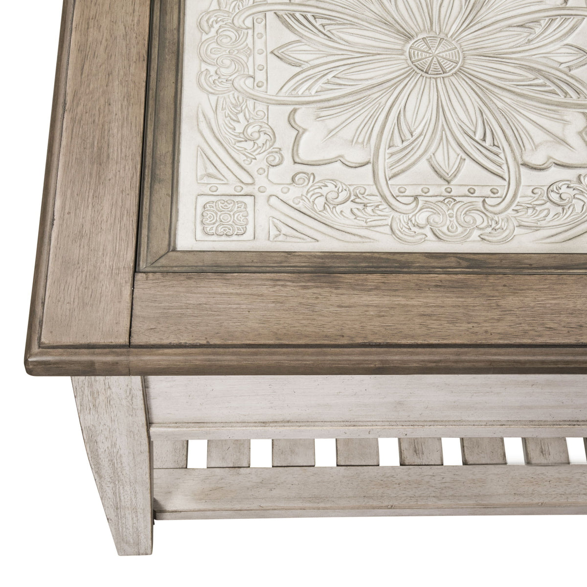 Heartland - Rect Ceiling Tile Cocktail Table - Antique White / Tobacco Tops
