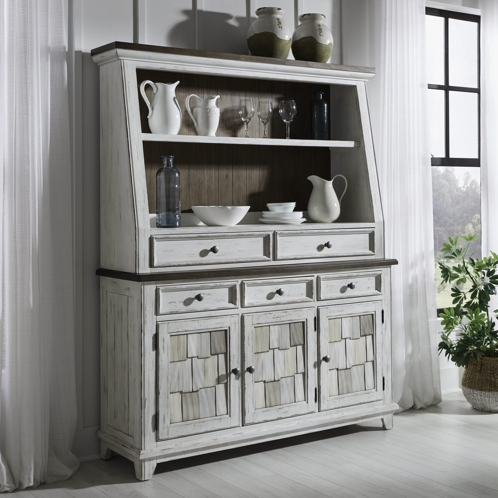 River Place - Server & Hutch - Riverstone White & Tobacco