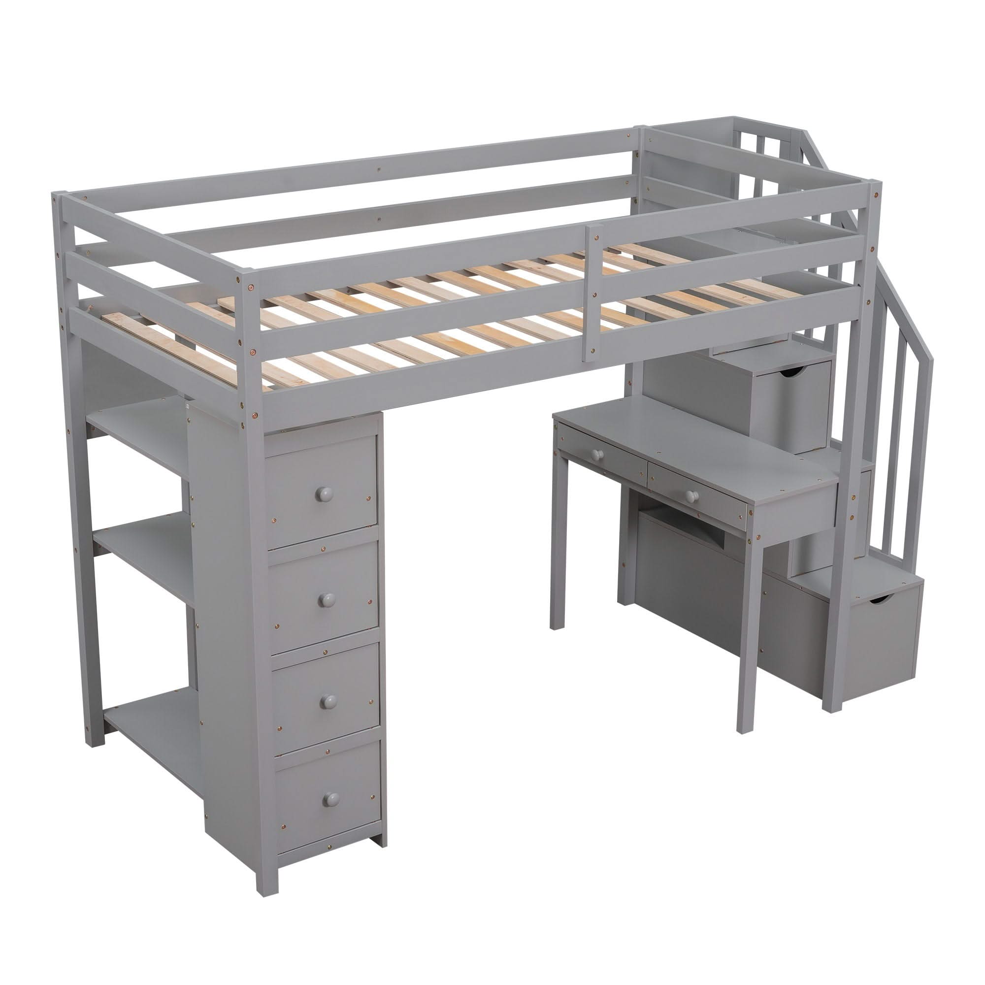 Loft Bed With Storage Drawers, Desk And Stairs With Shelves