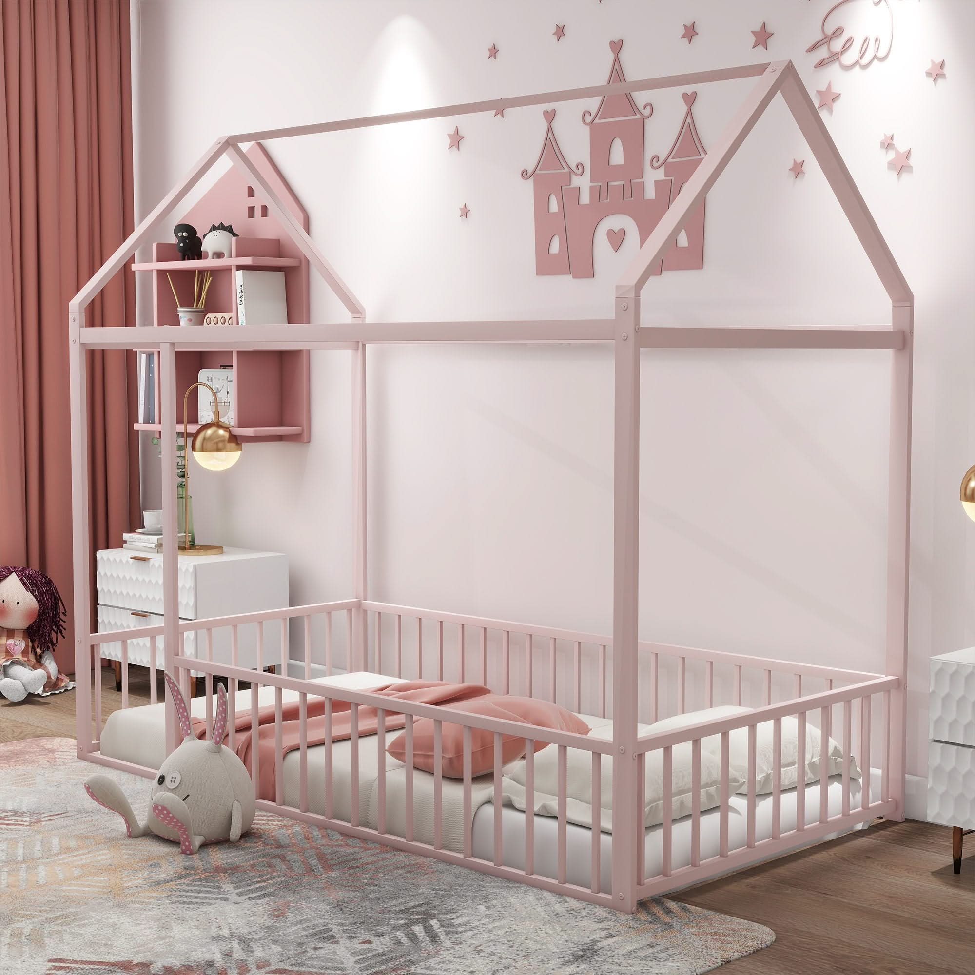 Metal Bed House Bed Frame With Fence
