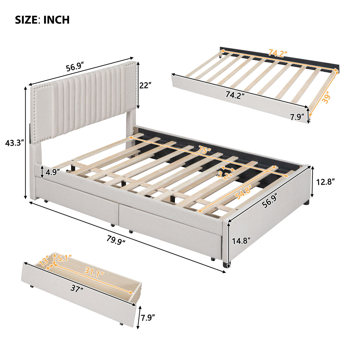 Upholstered Platform Bed With Drawers, Classic Headboard Design
