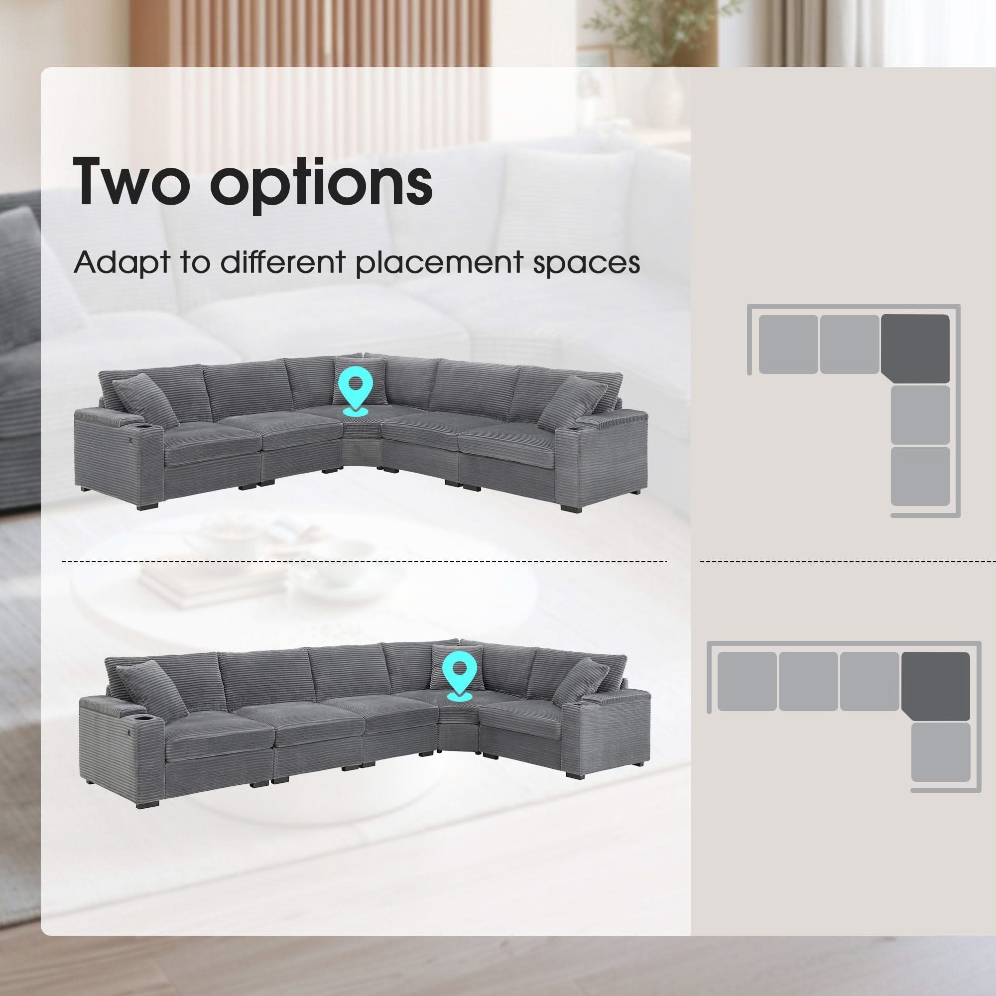 Convertible L Shaped Sectional Corner Couch With Armrest Storage Cup Holders USB Charger, Irregular Corner Oversized Comfy Modular Sofa