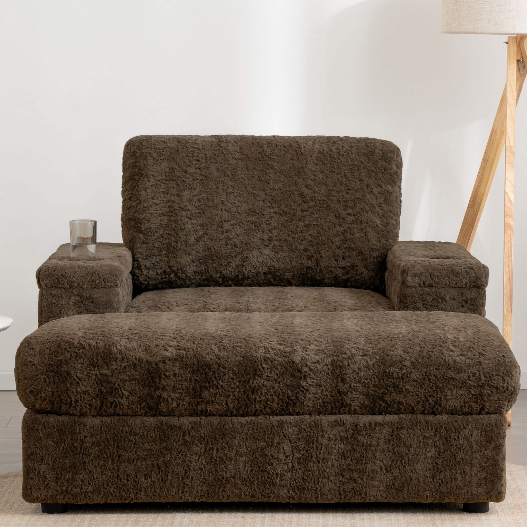 Oversized Chaise Lounge Indoor Rabbit Fur Sofa Bed With Storage Ottoman And Armrests Cup Holders With Deep Seat