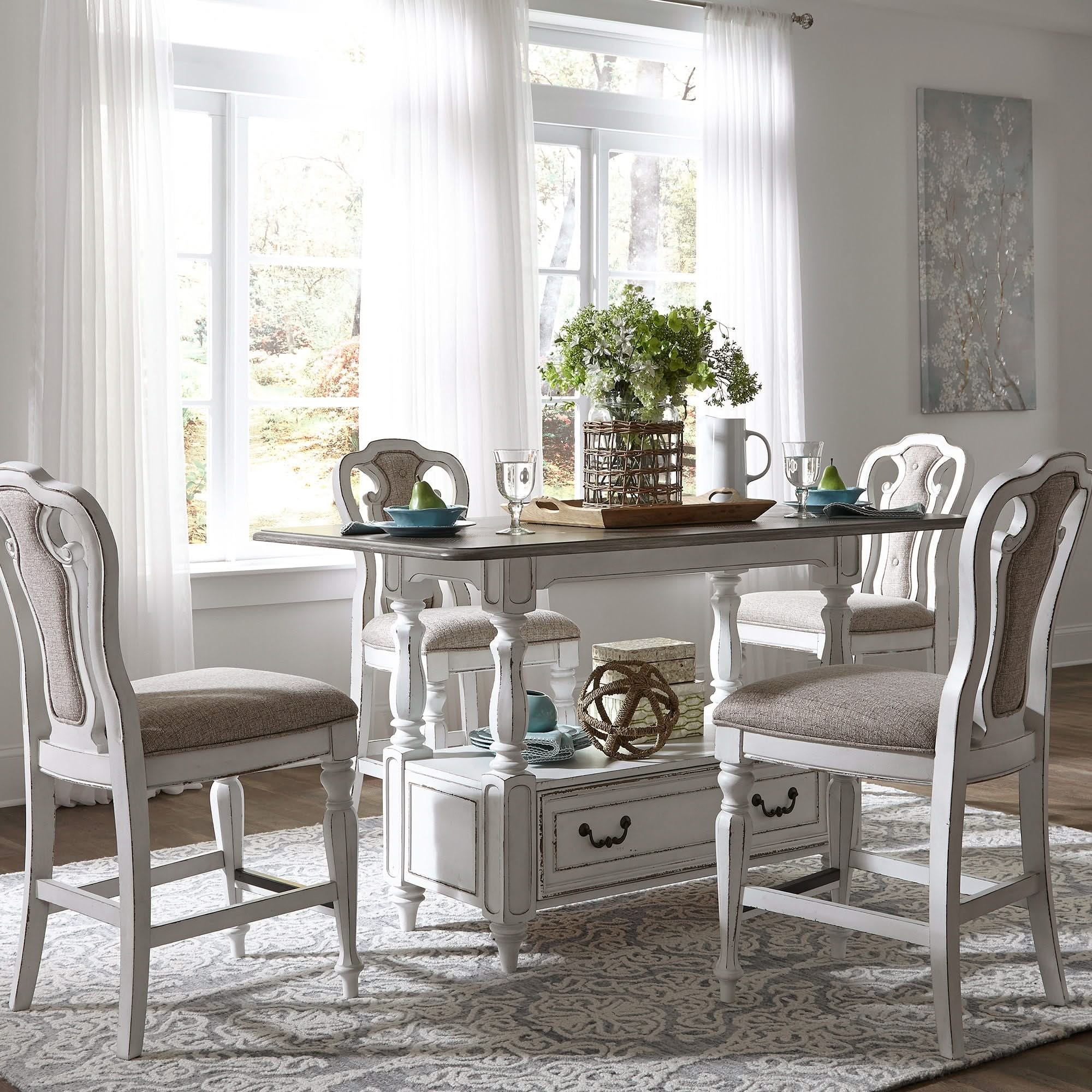 Magnolia Manor - 5 Piece Gathering Table Set - Antique White / Dark Brown