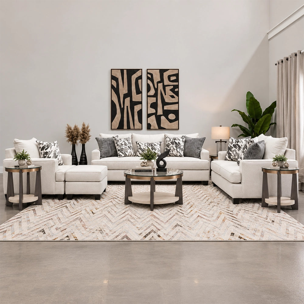Room Package - Dalton Ivory Modern Living Room Package with 3-Piece Round Glass Occasional Table Set & Rug