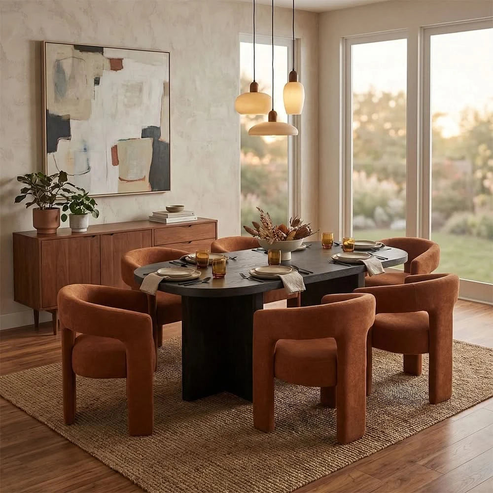 Danford Ebony Contemporary 7PC Dining Set with Textured Wood Grain Table and Boucle Chairs