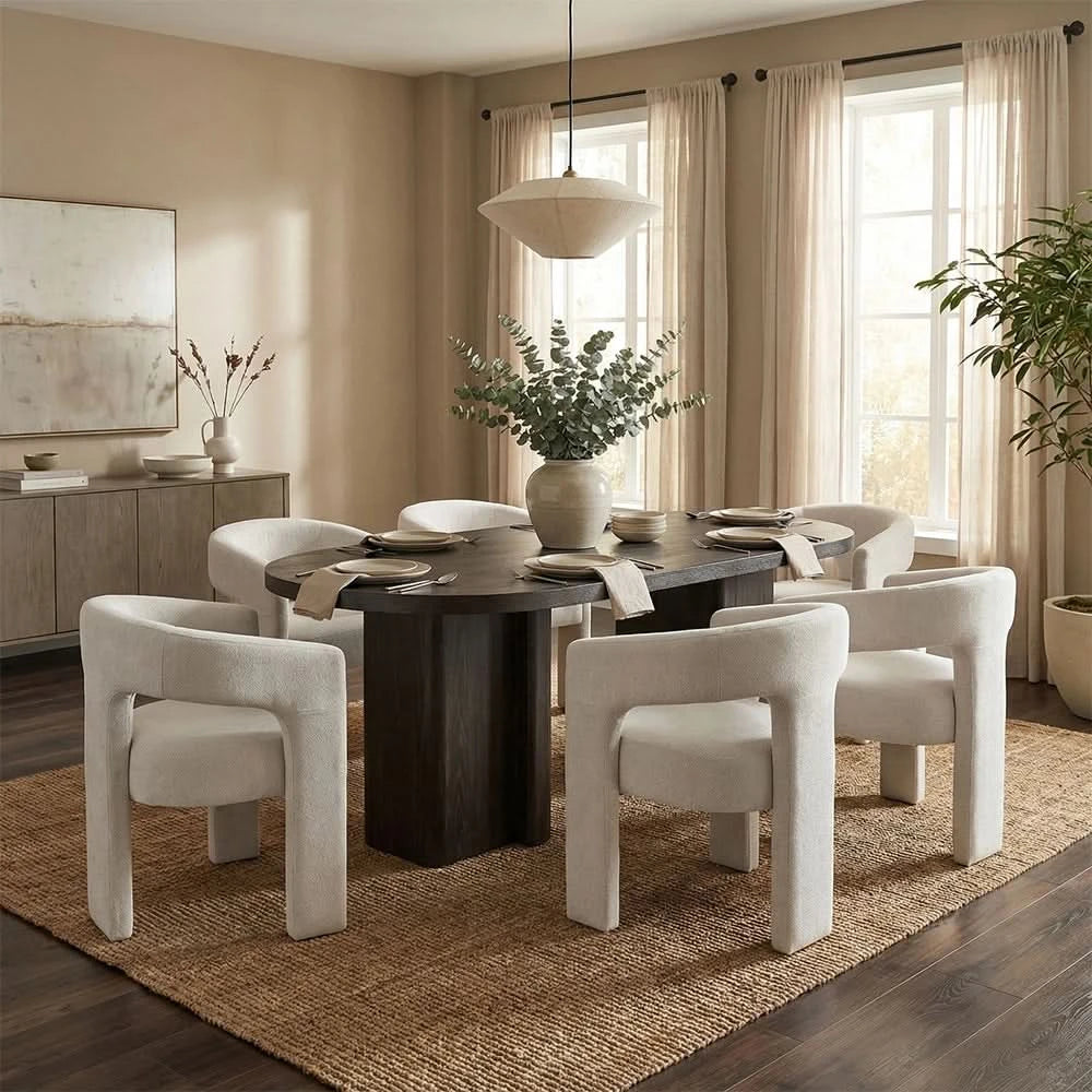 Danford Ebony Contemporary 7PC Dining Set with Textured Wood Grain Table and Boucle Chairs