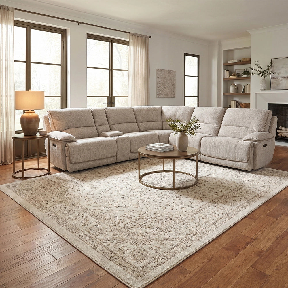 Davenport Taupe 6-Piece Power Reclining Sectional with Power Headrests and Storage Console