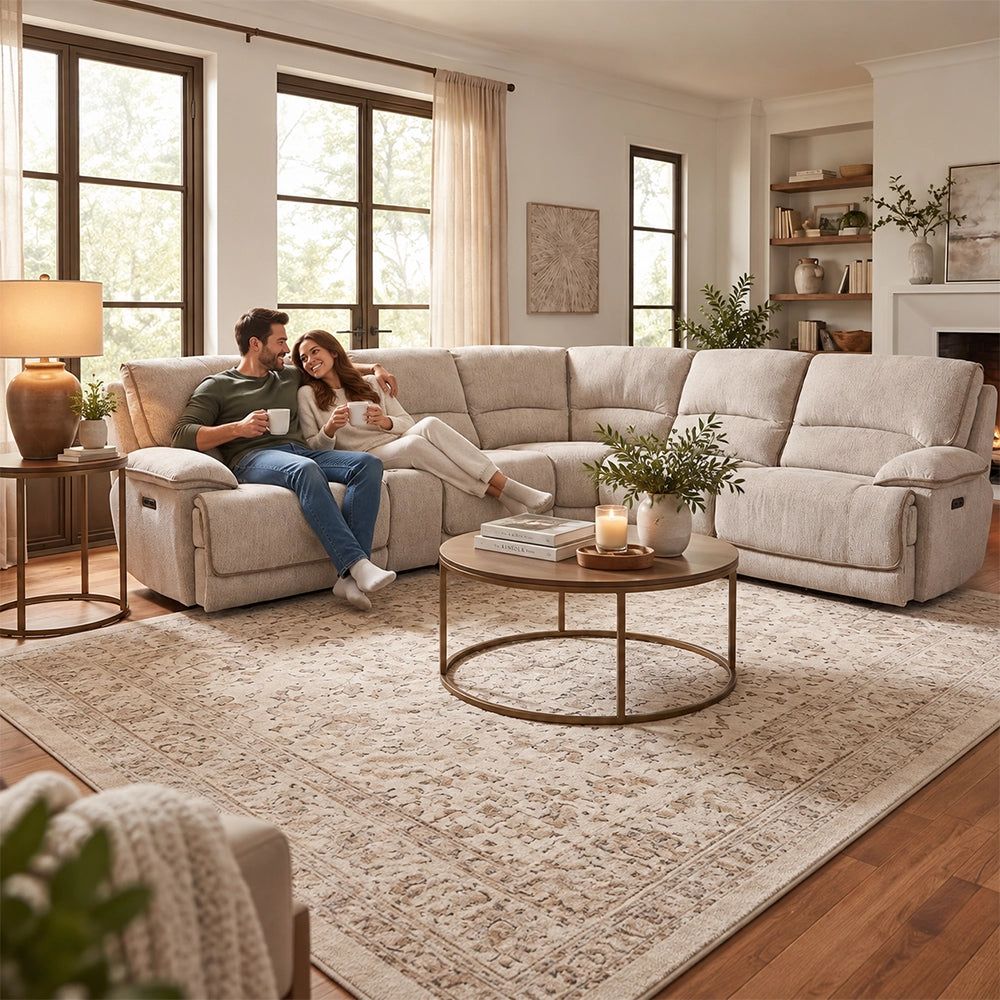 Davenport Taupe 6-Piece Power Reclining Sectional with Power Headrests and Storage Console