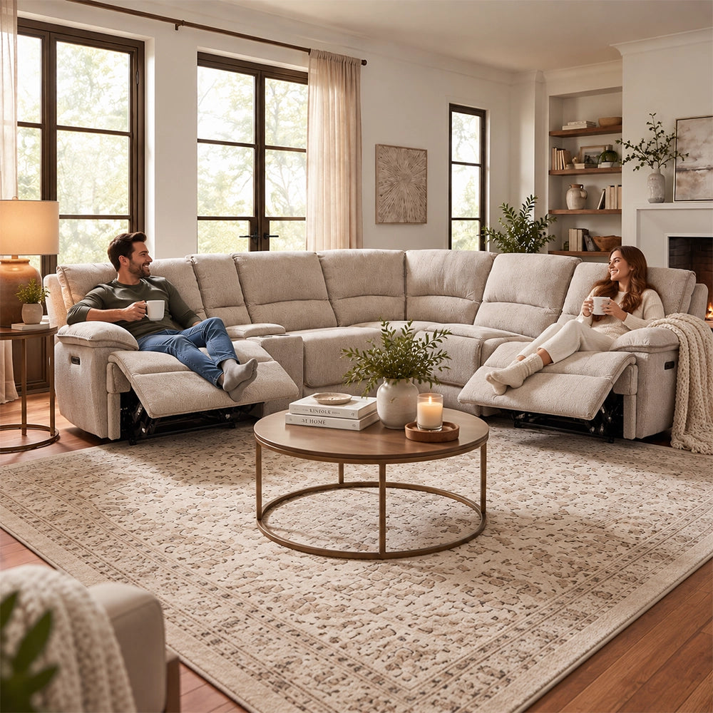 Davenport Taupe 6-Piece Power Reclining Sectional with Power Headrests and Storage Console