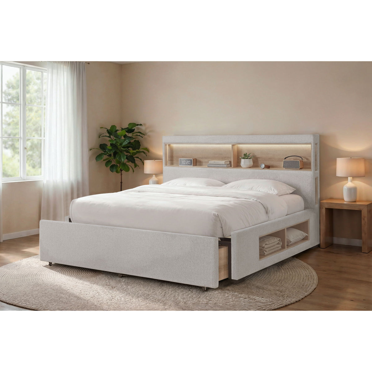 Sacha - Bed With LED And Bookcase Headboard, Built In Siderail Storage