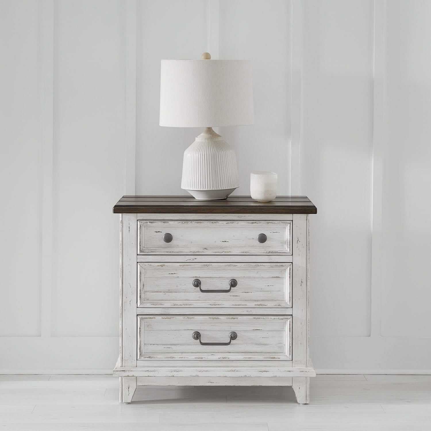 River Place - 3 Drawer Nightstand With Charging Station - Riverstone White & Tobacco