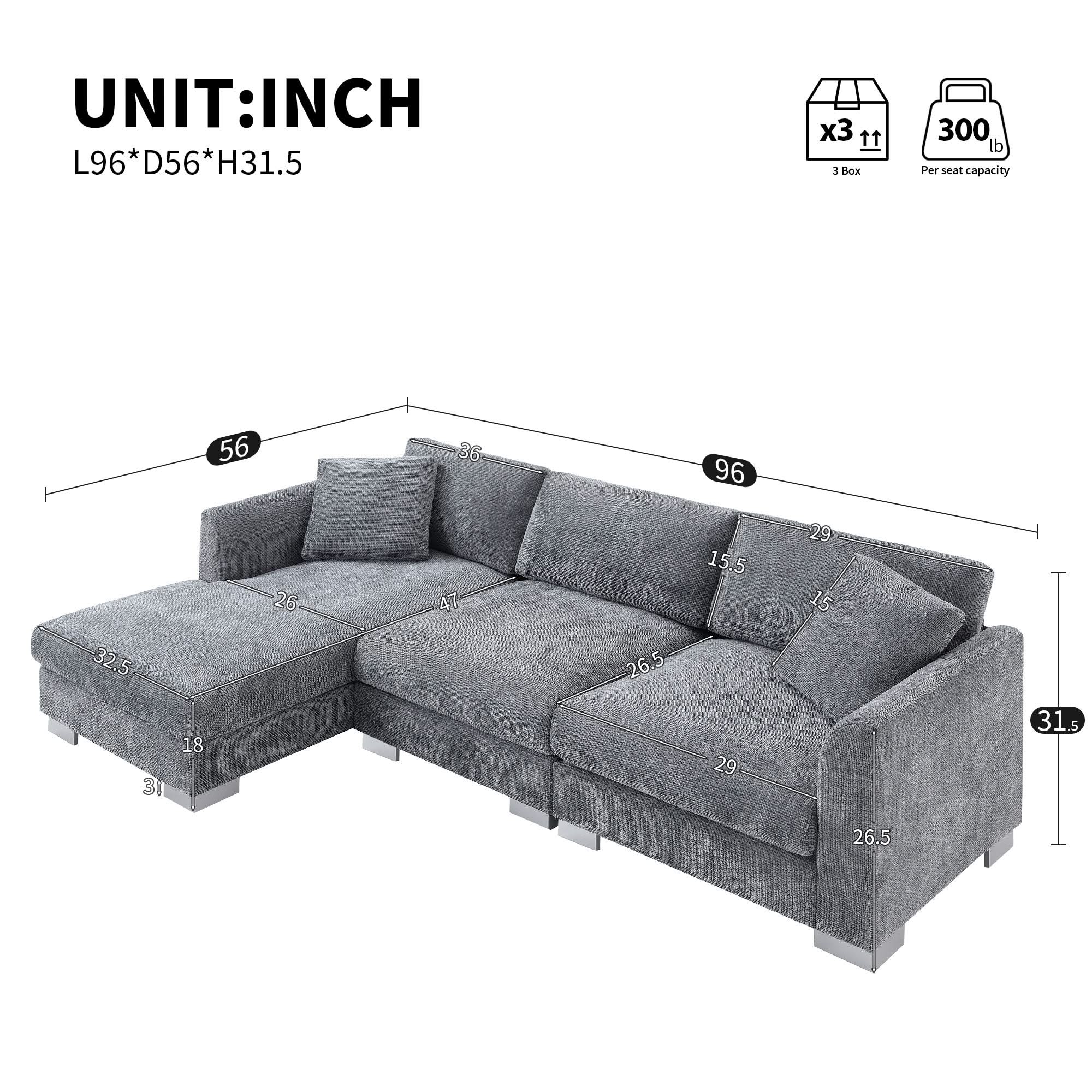 Modern Cloud Sectional Sofa L Shaped Luxury Couch Set With 2 Free Pillows 4 Seat With Oversized Chaise