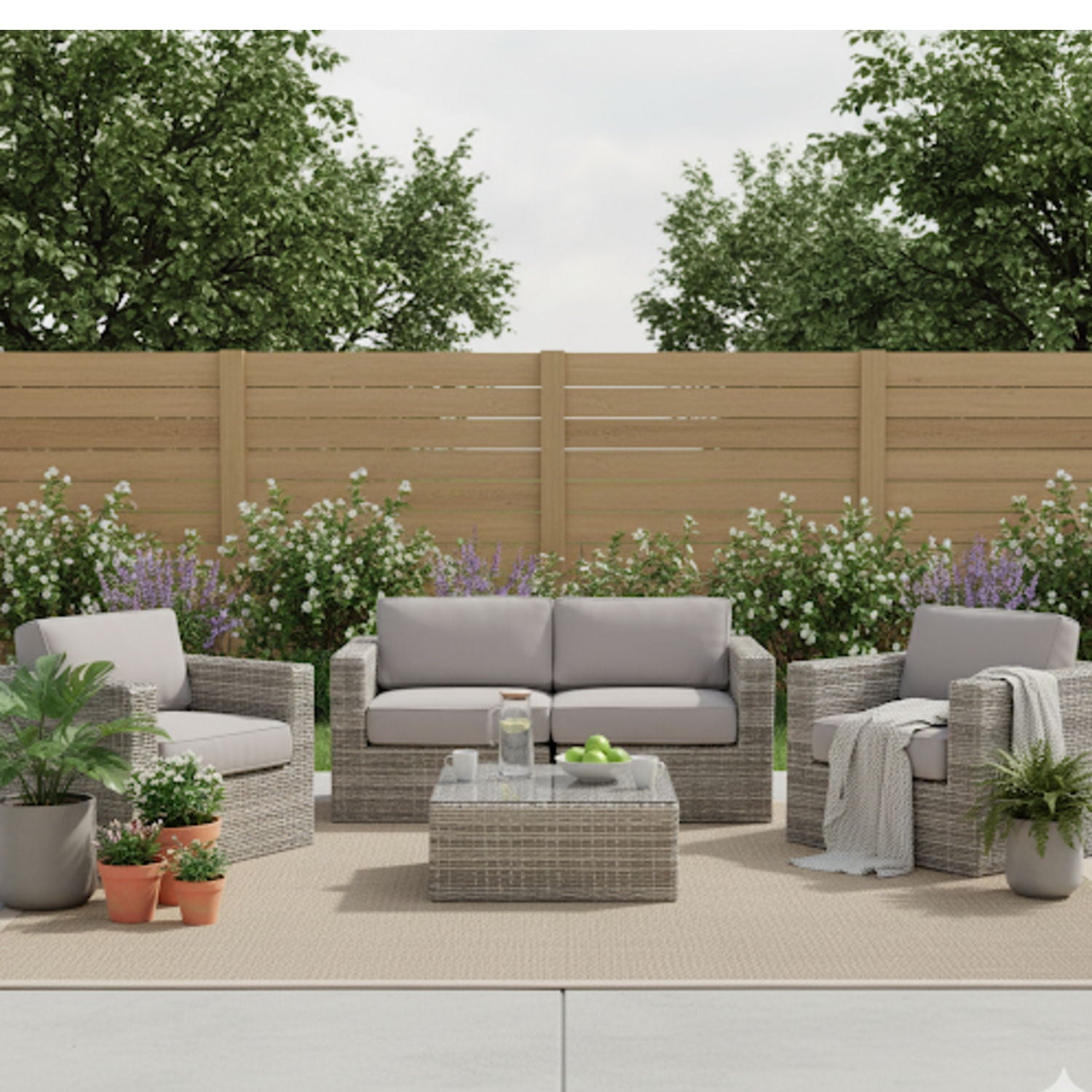 Wicker Seating Group Set With Table And Cushions