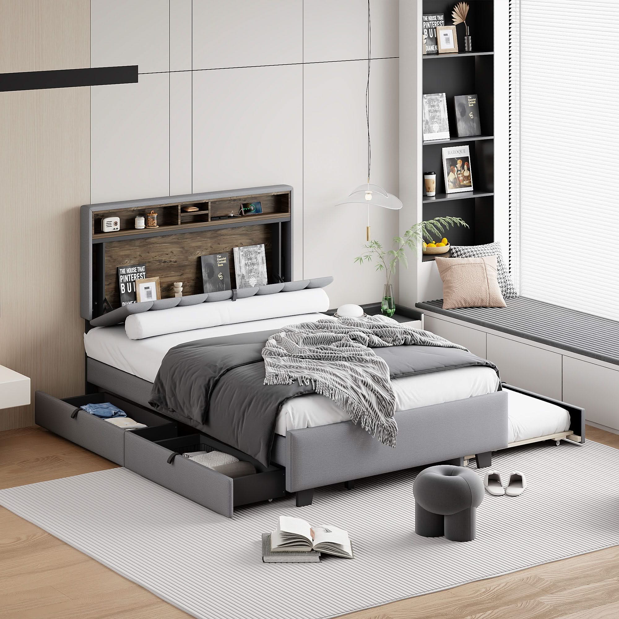Upholstered Platform Bed With Storage Headboard, Trundle & 2 Drawers And A Set Of Sockets & USB Ports