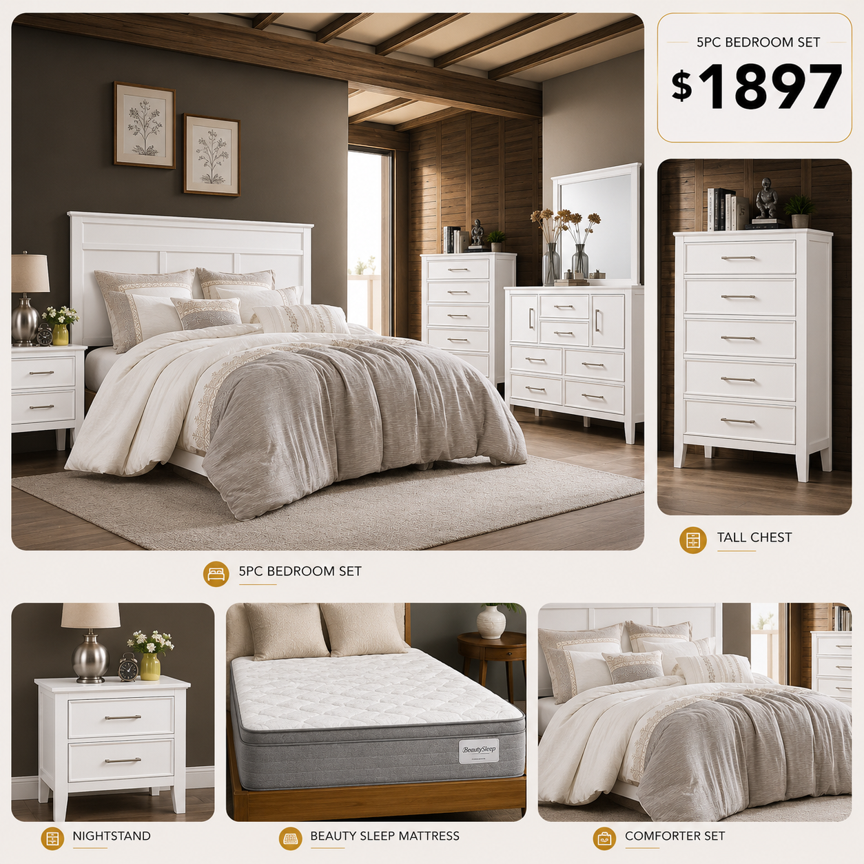Delia White Modern 10PC Queen Bedroom Package