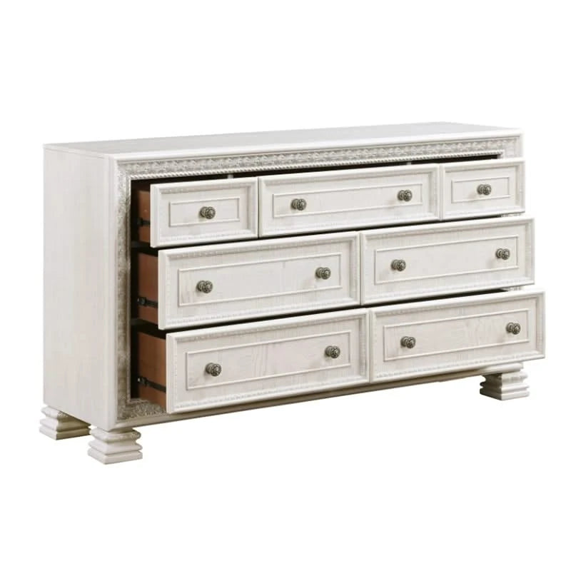 Deville Pearl White Modern 5 PC Bedroom Set with Queen/King Bed (Headboard, Footboard and Rails), Dresser and Mirror