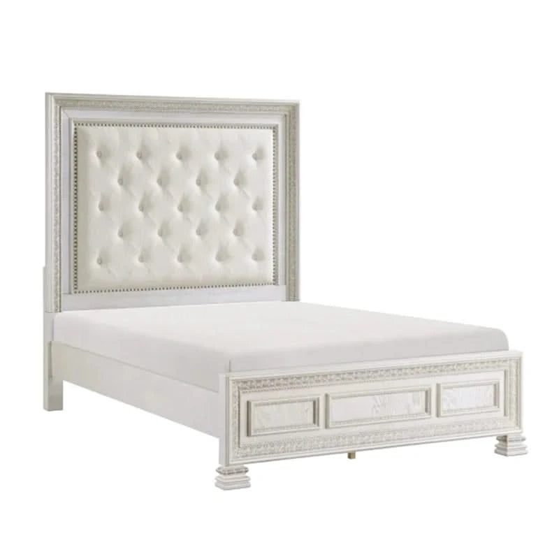 Deville Pearl White Modern 5 PC Bedroom Set with Queen/King Bed (Headboard, Footboard and Rails), Dresser and Mirror