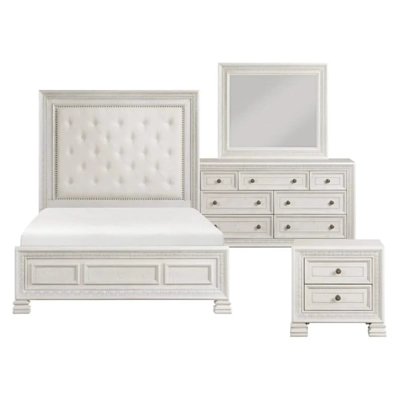 Deville Pearl White Modern 5 PC Bedroom Set with Queen/King Bed (Headboard, Footboard and Rails), Dresser and Mirror