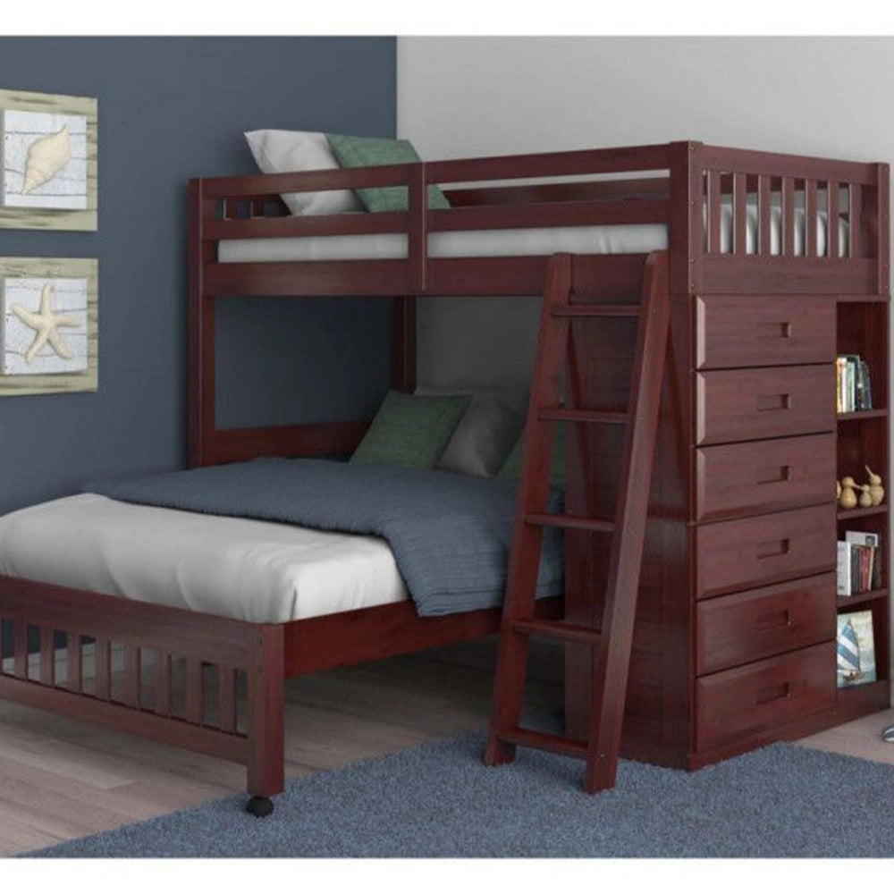 Discovery Merlot Twin Over Full Loft Bunk Bed with Storage Drawers and Shelves
