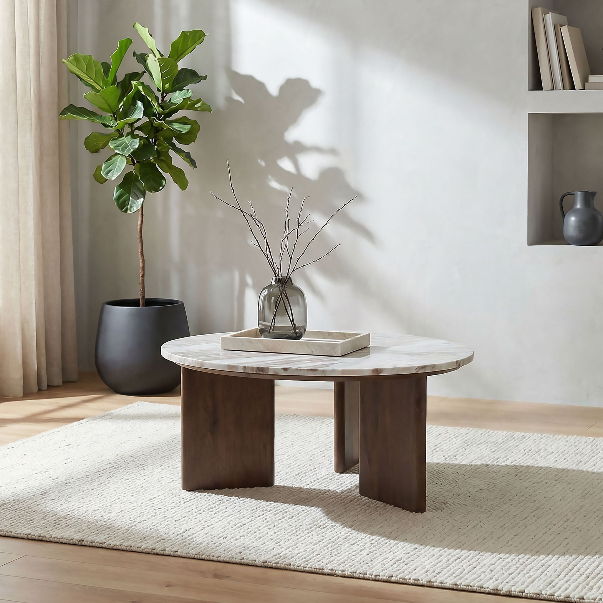 Jenna 35-inch Round Marble Top Cocktail Coffee Table Brown