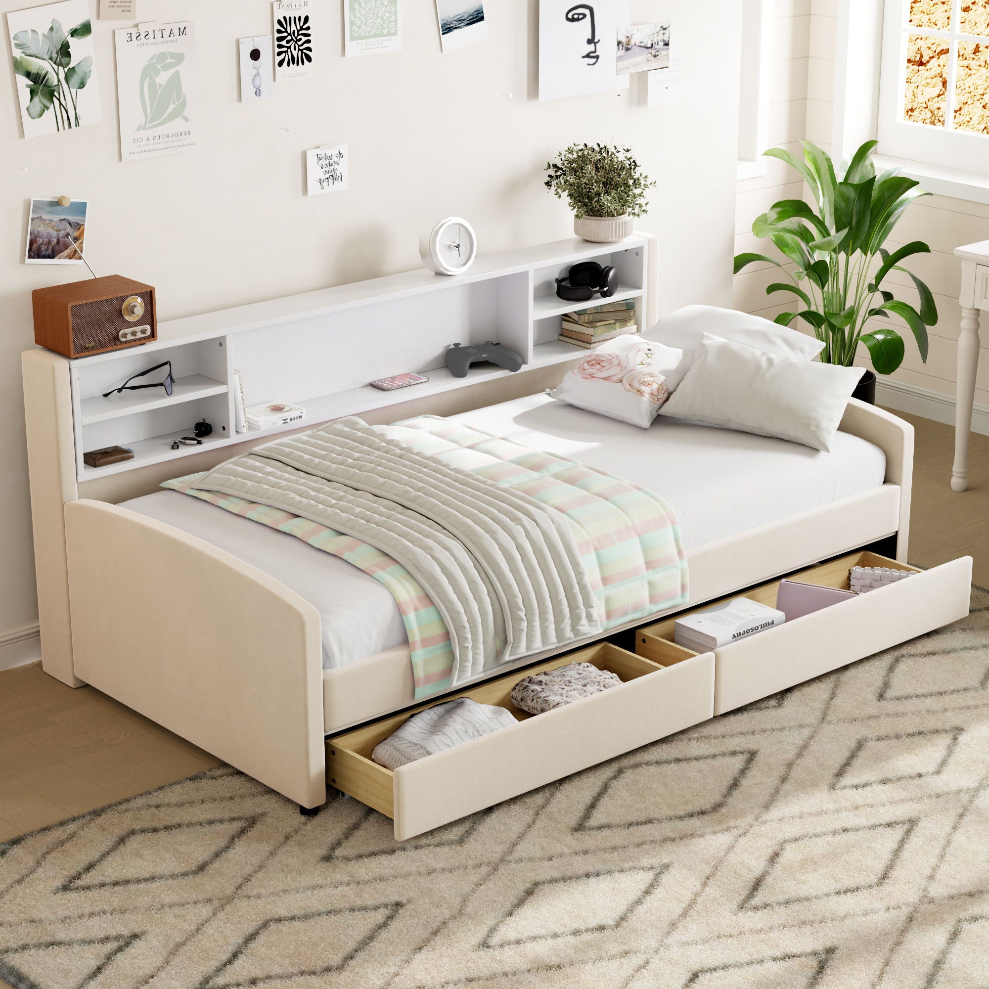 Twin Size Luxurious Upholstered Platform Bed With Storage Drawers - Beige